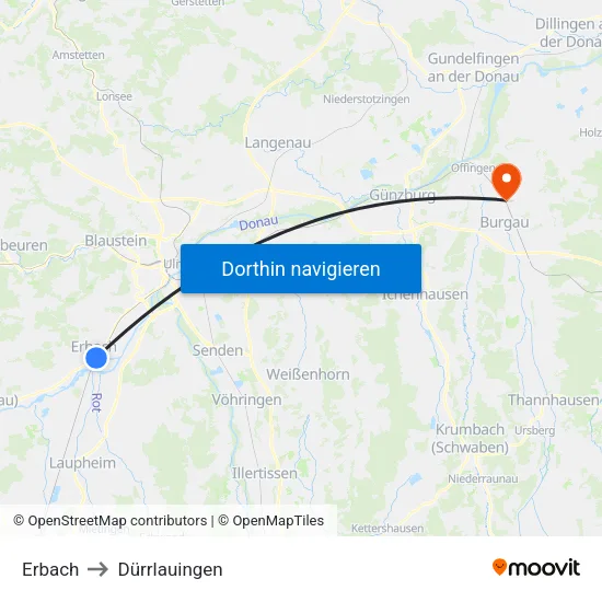 Erbach to Dürrlauingen map