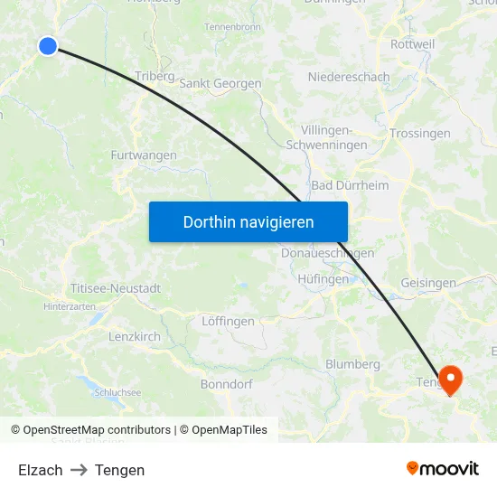 Elzach to Tengen map