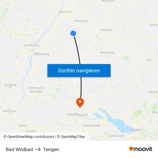 Bad Wildbad to Tengen map