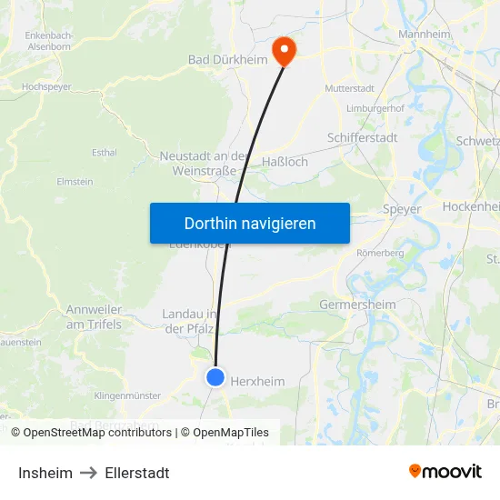 Insheim to Ellerstadt map