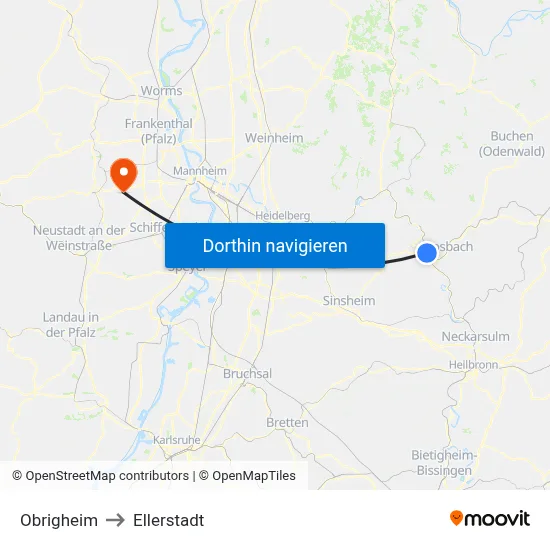 Obrigheim to Ellerstadt map