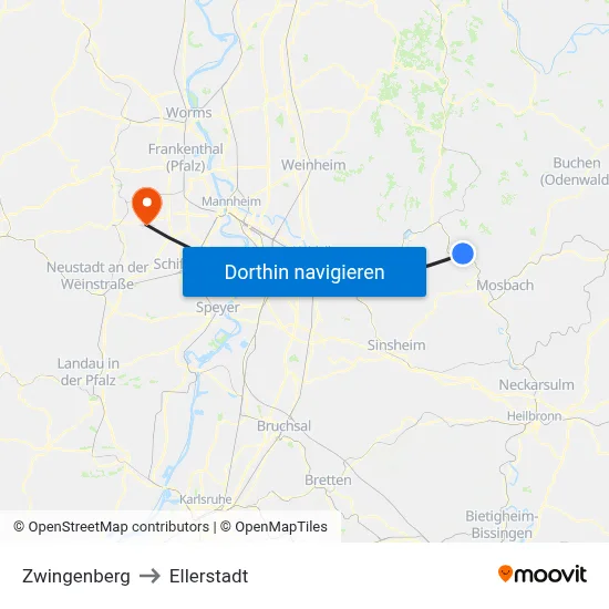 Zwingenberg to Ellerstadt map