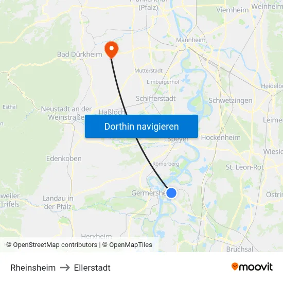 Rheinsheim to Ellerstadt map