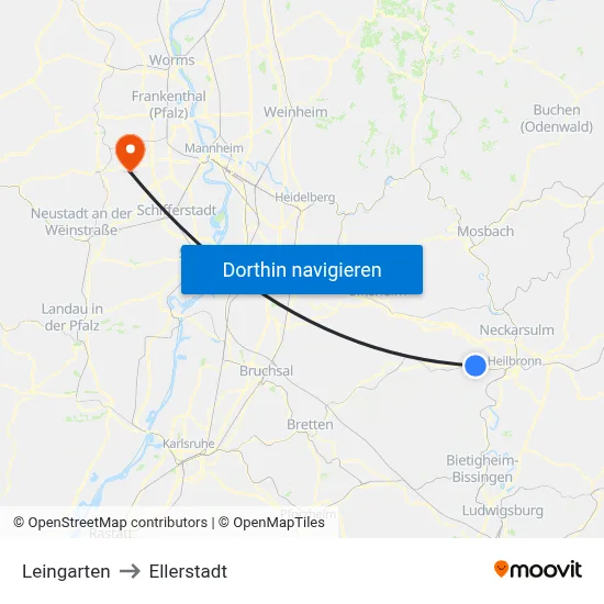Leingarten to Ellerstadt map