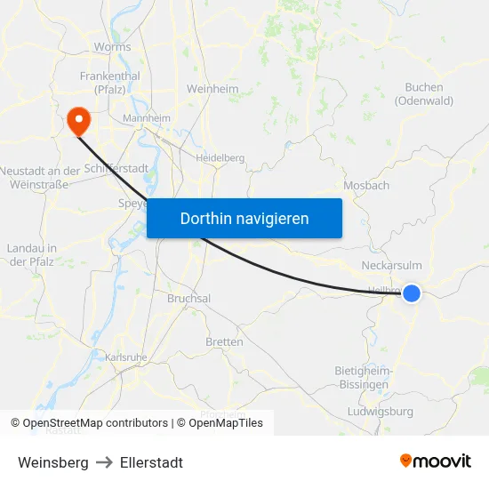 Weinsberg to Ellerstadt map