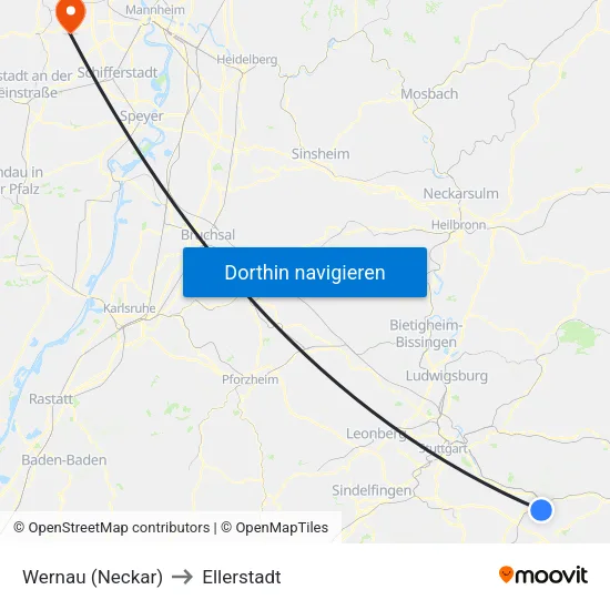 Wernau (Neckar) to Ellerstadt map