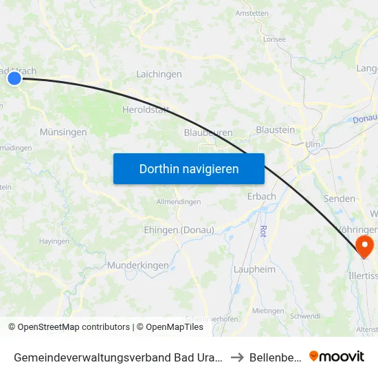 Gemeindeverwaltungsverband Bad Urach to Bellenberg map