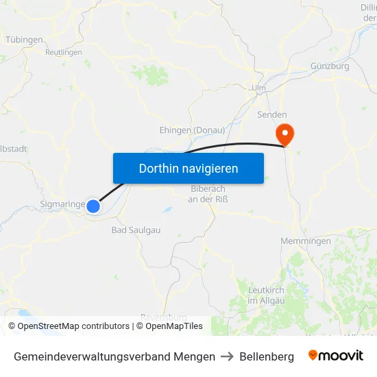 Gemeindeverwaltungsverband Mengen to Bellenberg map