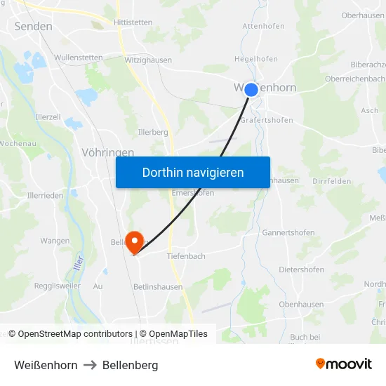 Weißenhorn to Bellenberg map