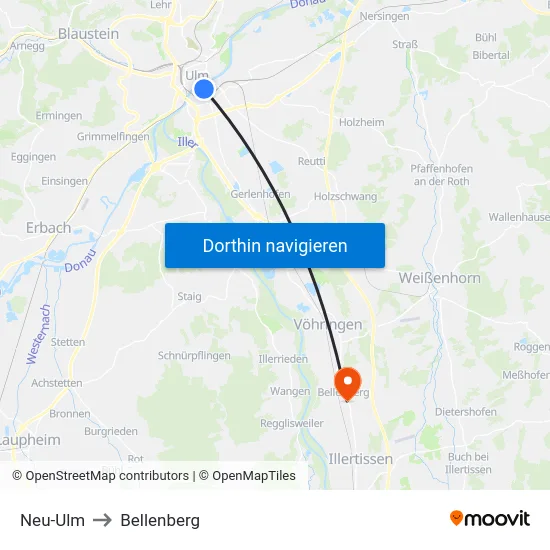 Neu-Ulm to Bellenberg map