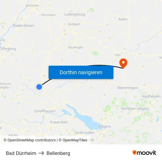 Bad Dürrheim to Bellenberg map