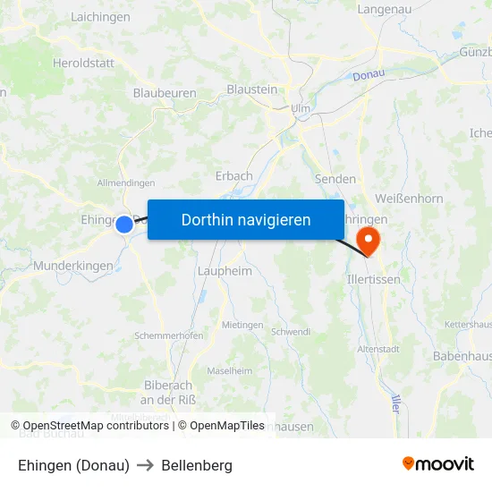 Ehingen (Donau) to Bellenberg map