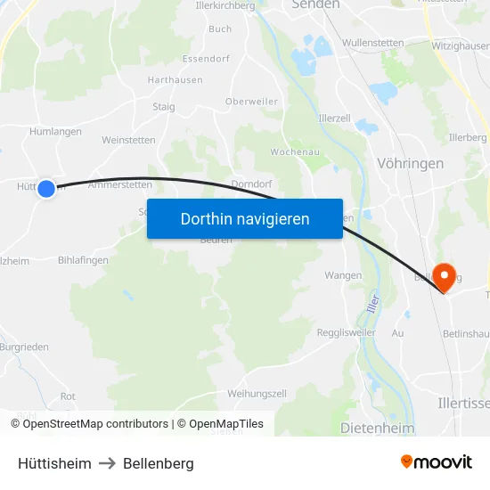 Hüttisheim to Bellenberg map