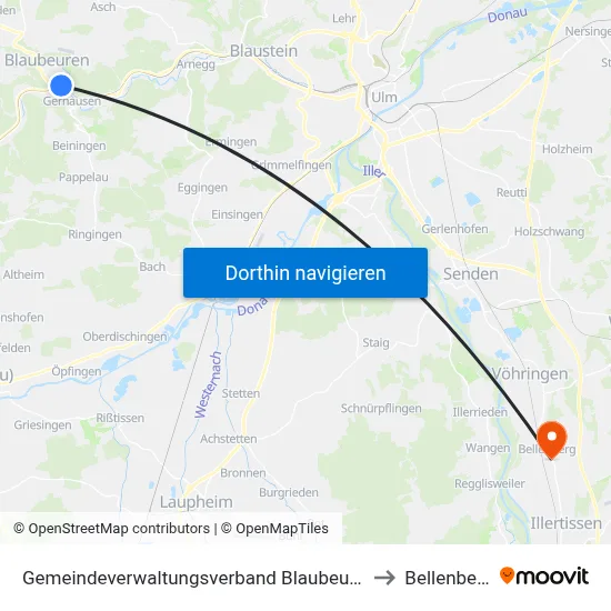 Gemeindeverwaltungsverband Blaubeuren to Bellenberg map