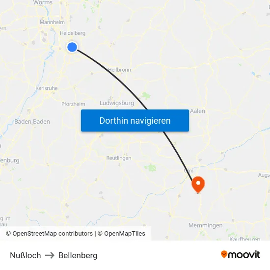 Nußloch to Bellenberg map
