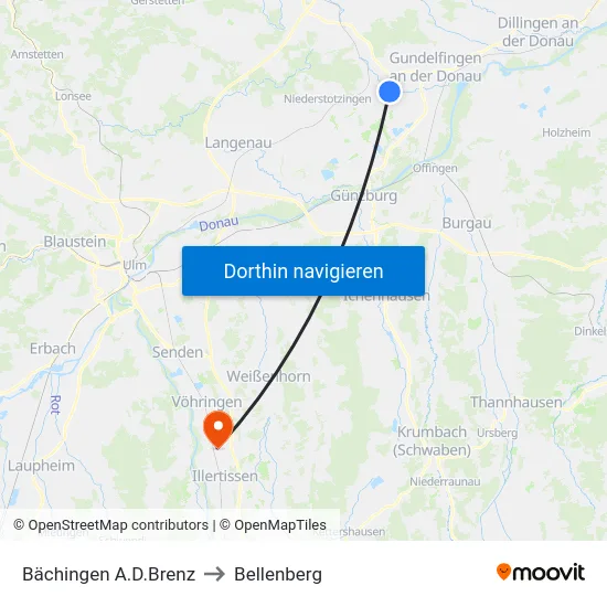 Bächingen A.D.Brenz to Bellenberg map