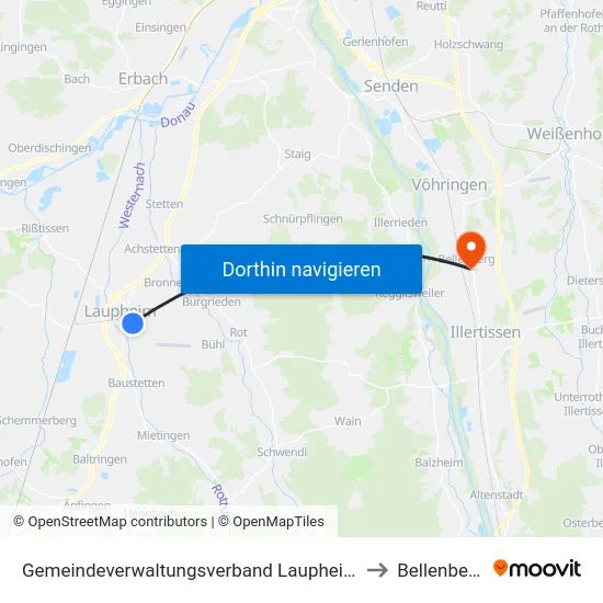 Gemeindeverwaltungsverband Laupheim to Bellenberg map