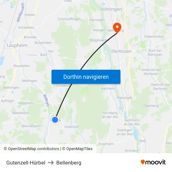 Gutenzell-Hürbel to Bellenberg map