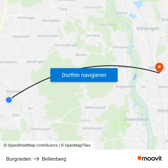 Burgrieden to Bellenberg map