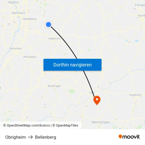 Obrigheim to Bellenberg map