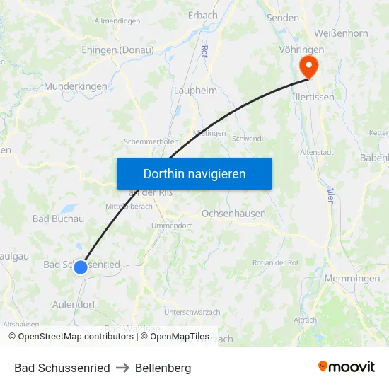 Bad Schussenried to Bellenberg map
