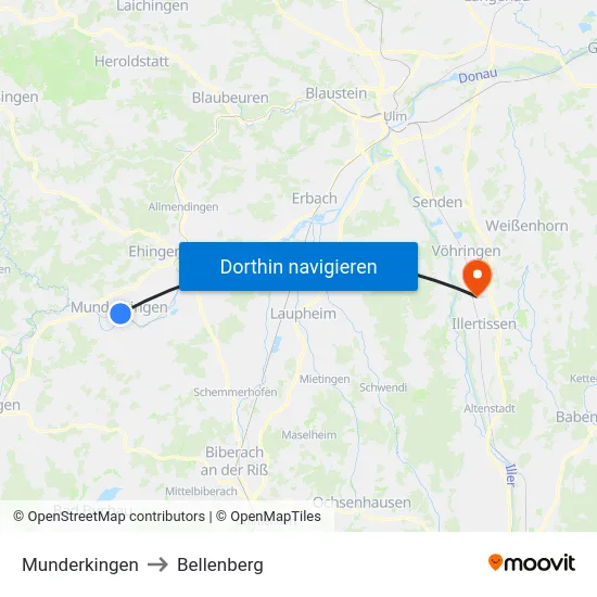 Munderkingen to Bellenberg map