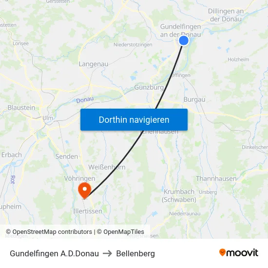 Gundelfingen A.D.Donau to Bellenberg map