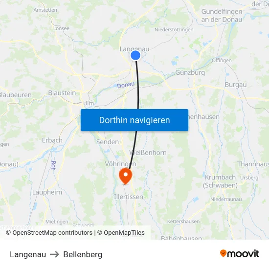 Langenau to Bellenberg map