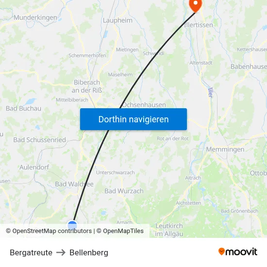 Bergatreute to Bellenberg map
