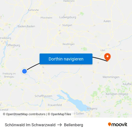 Schönwald Im Schwarzwald to Bellenberg map