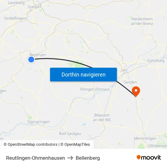 Reutlingen-Ohmenhausen to Bellenberg map