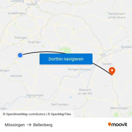 Mössingen to Bellenberg map