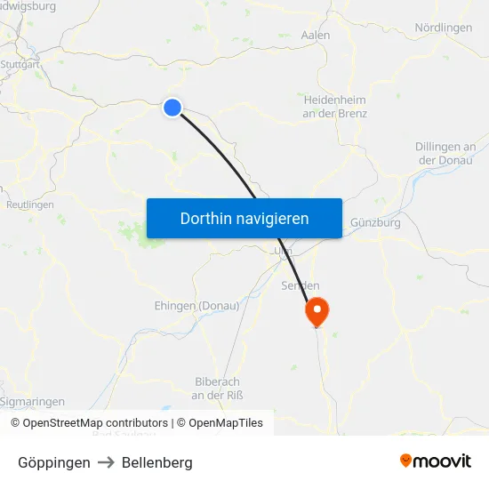 Göppingen to Bellenberg map