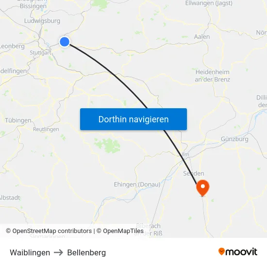 Waiblingen to Bellenberg map