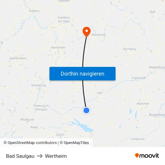 Bad Saulgau to Wertheim map