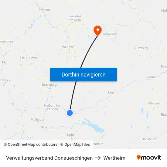 Verwaltungsverband Donaueschingen to Wertheim map