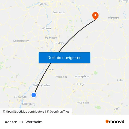Achern to Wertheim map