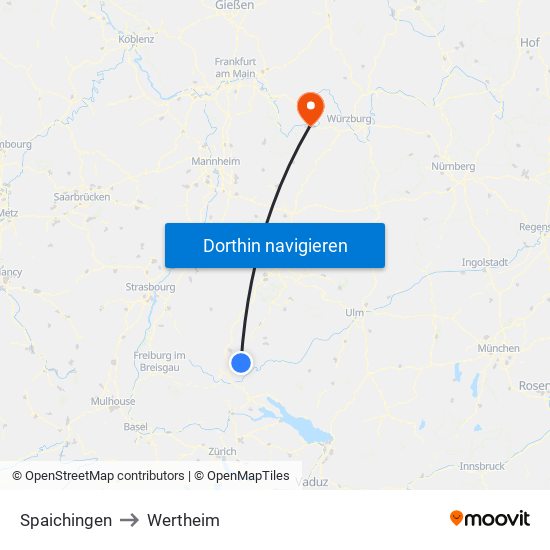 Spaichingen to Wertheim map