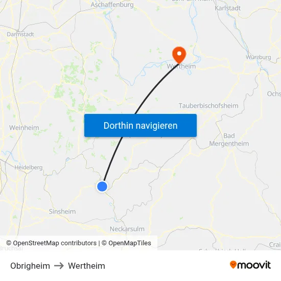 Obrigheim to Wertheim map
