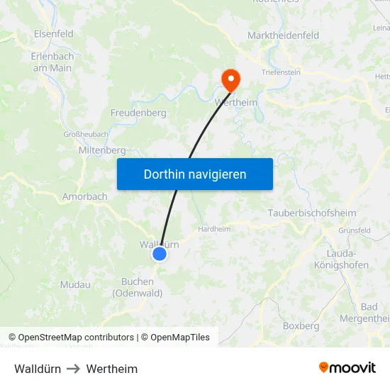 Walldürn to Wertheim map