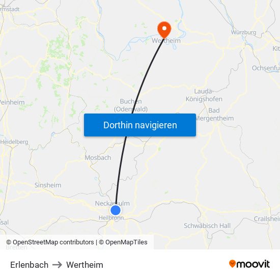 Erlenbach to Wertheim map