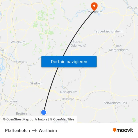 Pfaffenhofen to Wertheim map