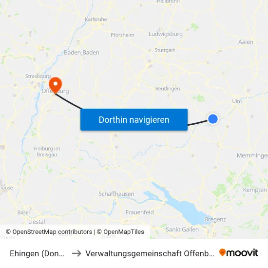 Ehingen (Donau) to Verwaltungsgemeinschaft Offenburg map