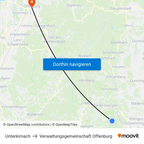Unterkirnach to Verwaltungsgemeinschaft Offenburg map