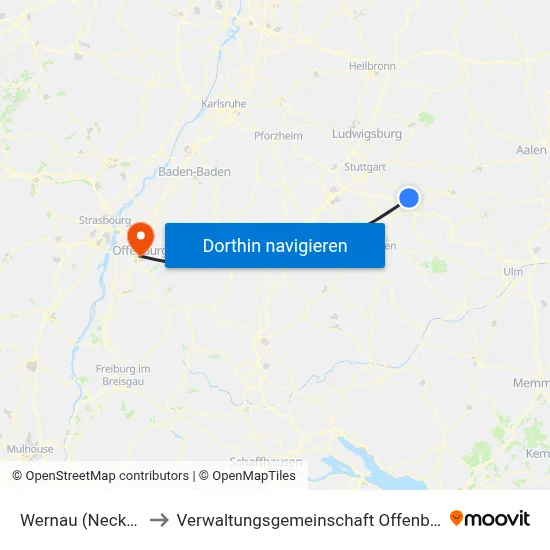 Wernau (Neckar) to Verwaltungsgemeinschaft Offenburg map