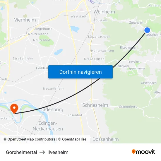 Gorxheimertal to Ilvesheim map
