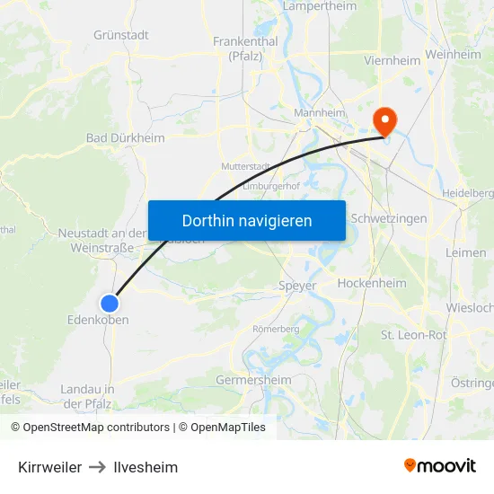 Kirrweiler to Ilvesheim map