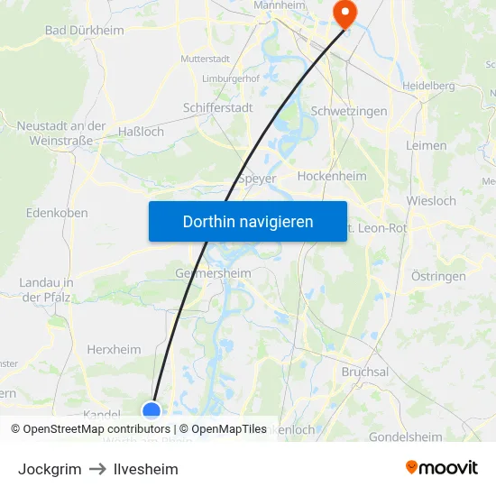 Jockgrim to Ilvesheim map