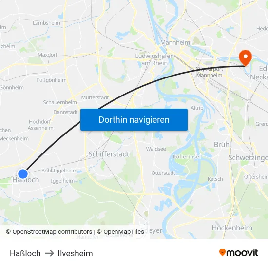 Haßloch to Ilvesheim map
