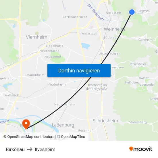 Birkenau to Ilvesheim map
